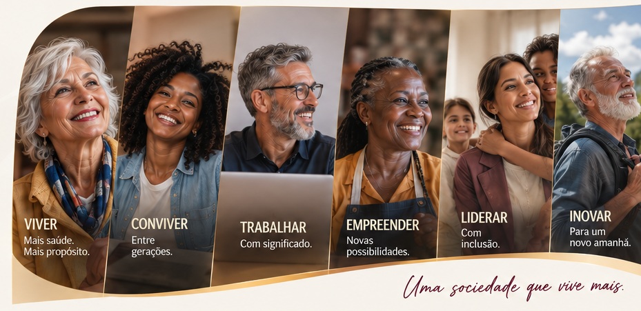 Pessoas de diferentes idades e origens representando longevidade, trabalho, convivência, liderança, empreendedorismo e inovação
